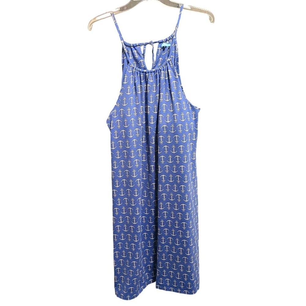 Sleeveless Blue Anchor-Print Midi Dress with Tie Neck - Picture 2 of 11